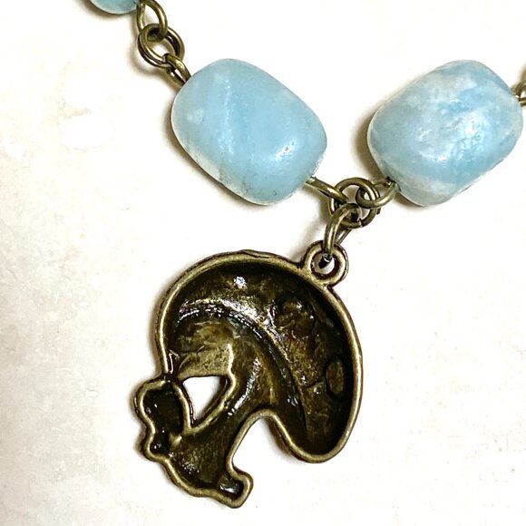 Natural Light Teal Amazonite Necklace, Bronze Round Mushroom + Genuine Gemstone - Picture 6 of 12